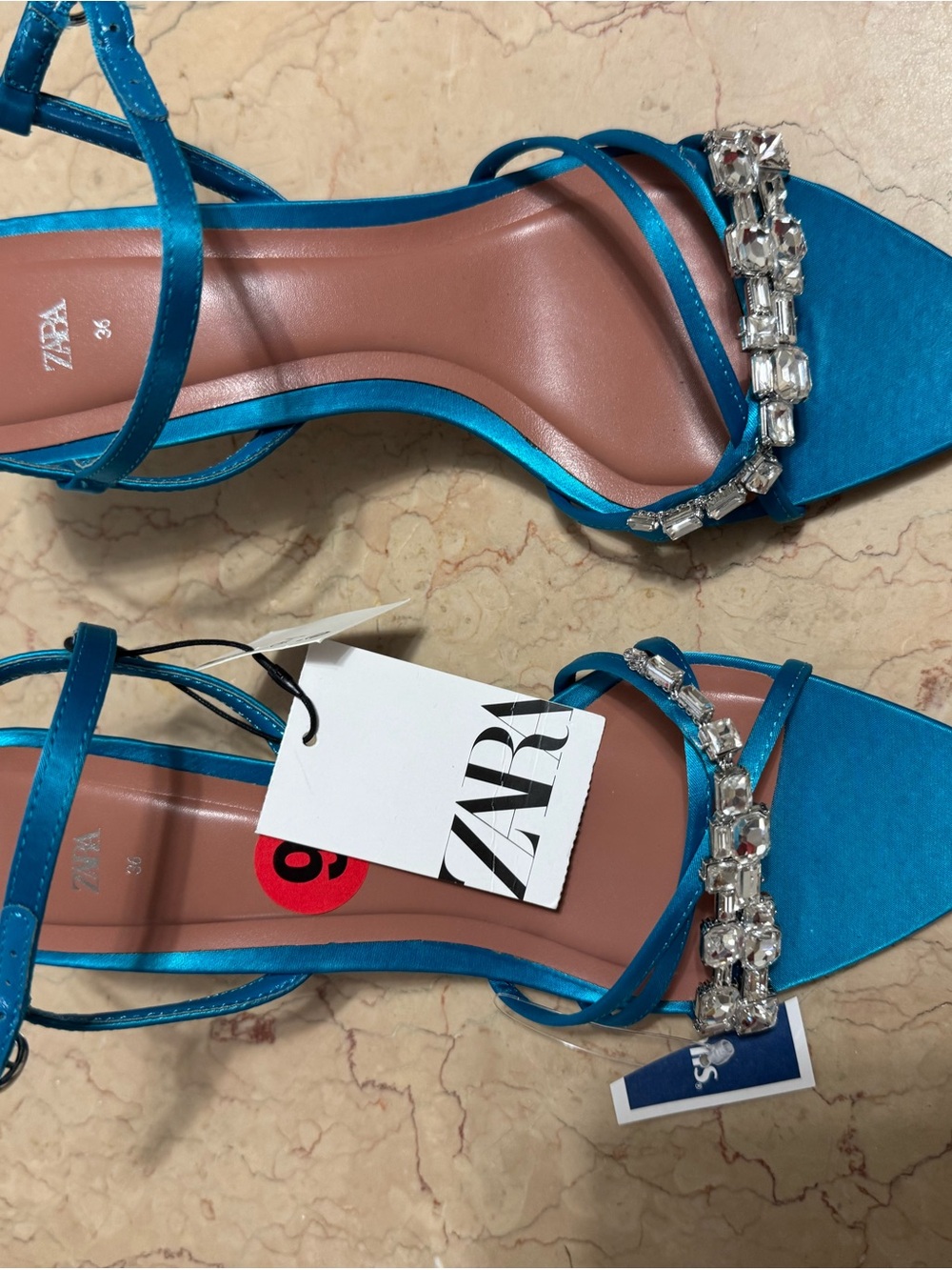 ZARA Teal Satin Strappy Heels with Crystal Band 6